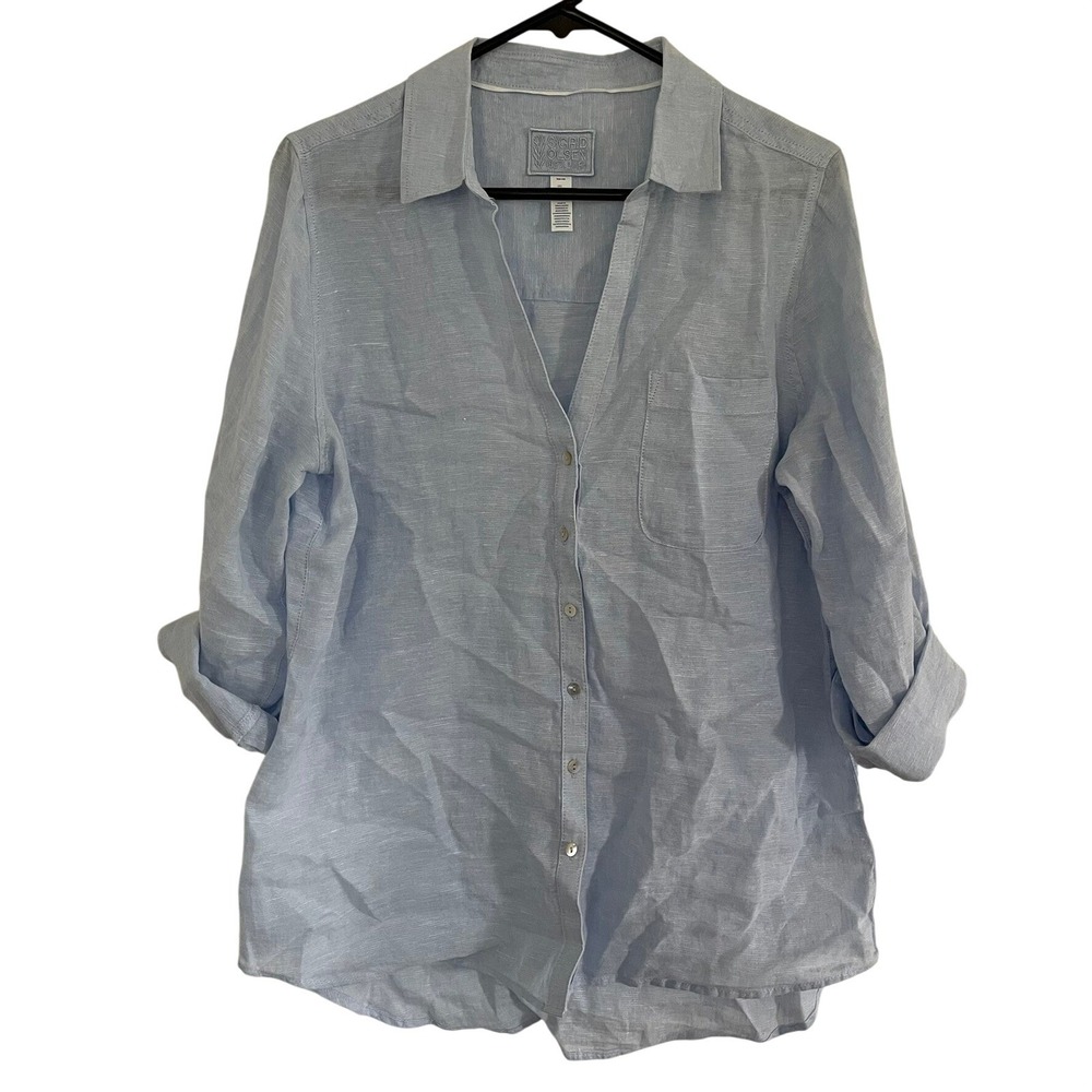 Sigrid Olsen Button Down‎ Shirt Lt Blue 100% Linen Roll Tab Womens Large Coastal